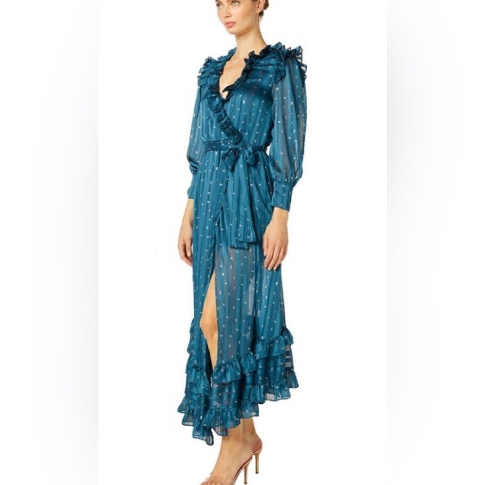 Revolve dress Misa Los Angeles Teal Blue Gown Gold Reflects & Ruffles XS NWT